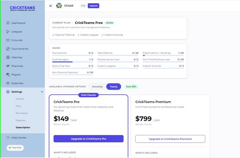 Subscription Page — Free Plan (Yearly Billing)
