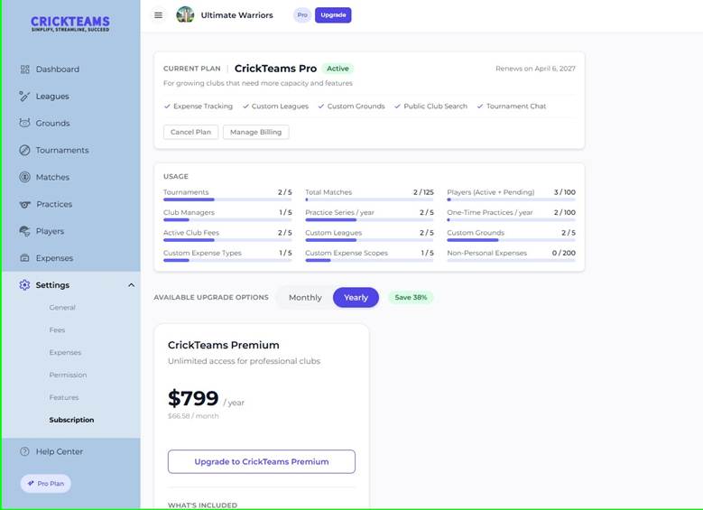 Subscription Page — Pro Plan (Yearly Billing)