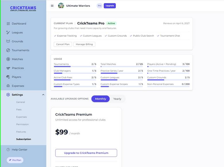 Subscription Page — Pro Plan (Monthly Billing)