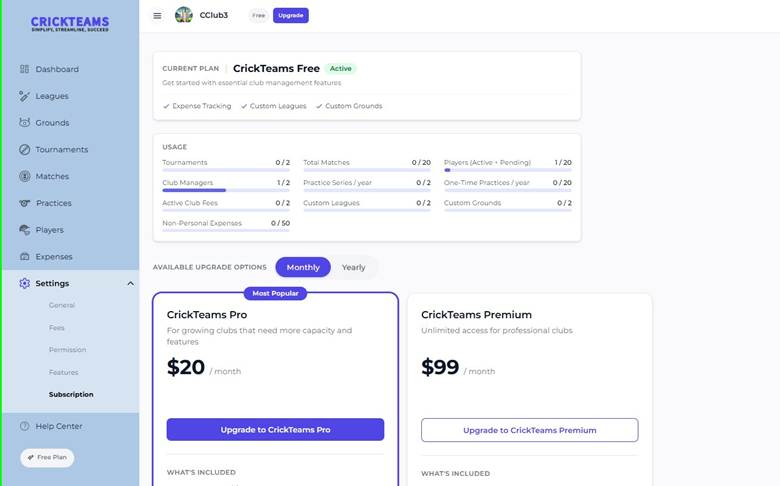 Subscription Page — Free Plan (Monthly Billing)