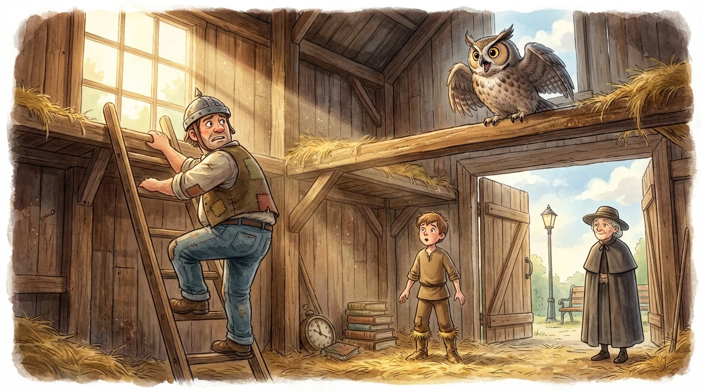 The Owl - Scene 4: One bold townsman put on a helmet and climbed a ladder toward…