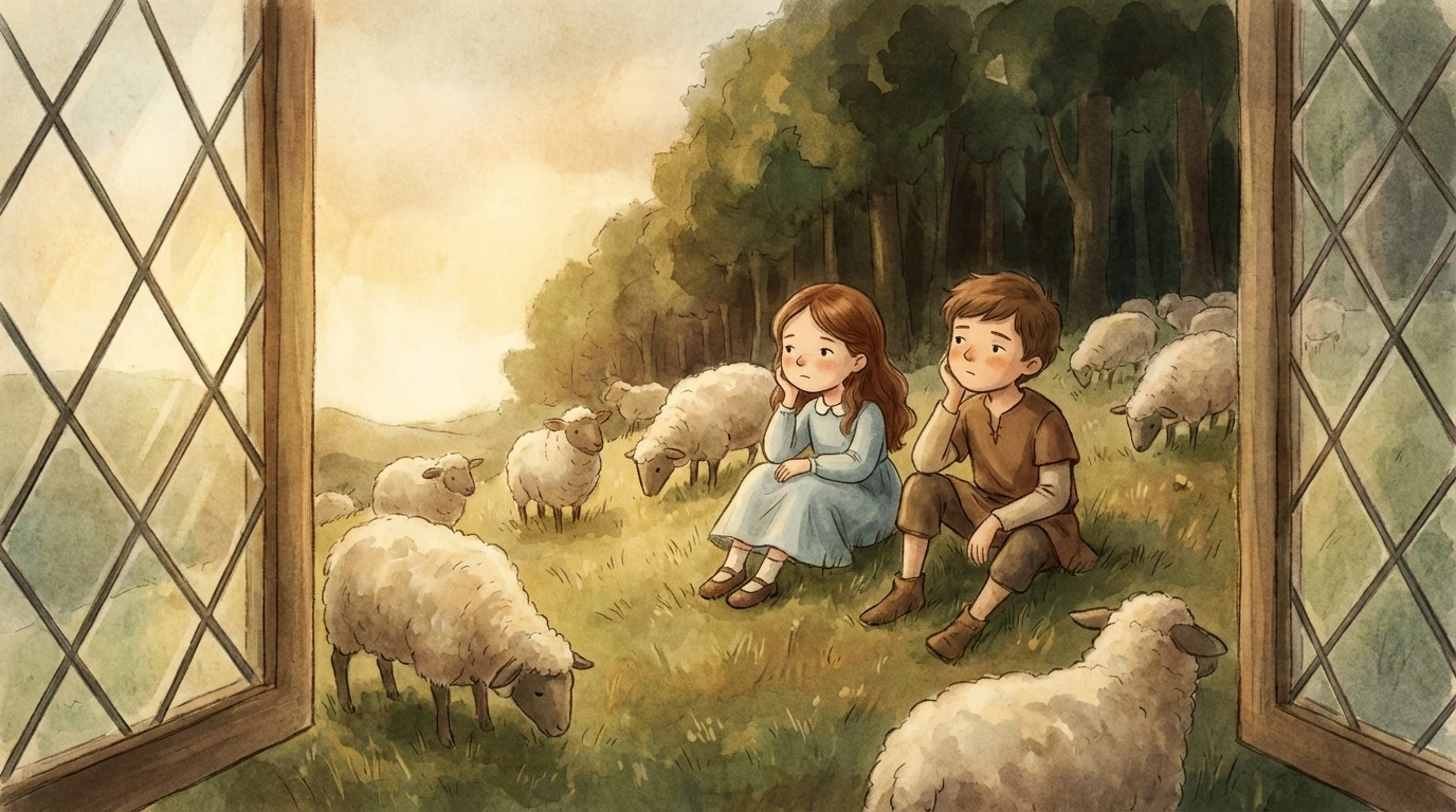 牧童与狼 - Scene 1: 一个牧童在离村庄不远的黑暗森林附近放牧主人的羊群。很快，他发现牧场上的生活非常无聊。他唯一能做的就是和他的狗说话或者吹他的牧笛来娱乐自己。