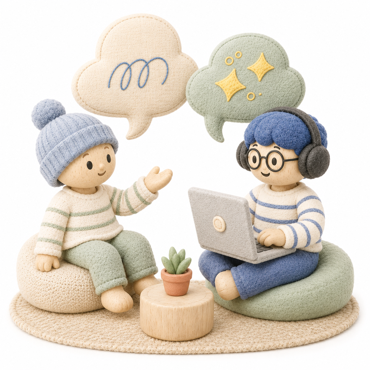 Two felt dolls — one asking a question, the other working at a laptop