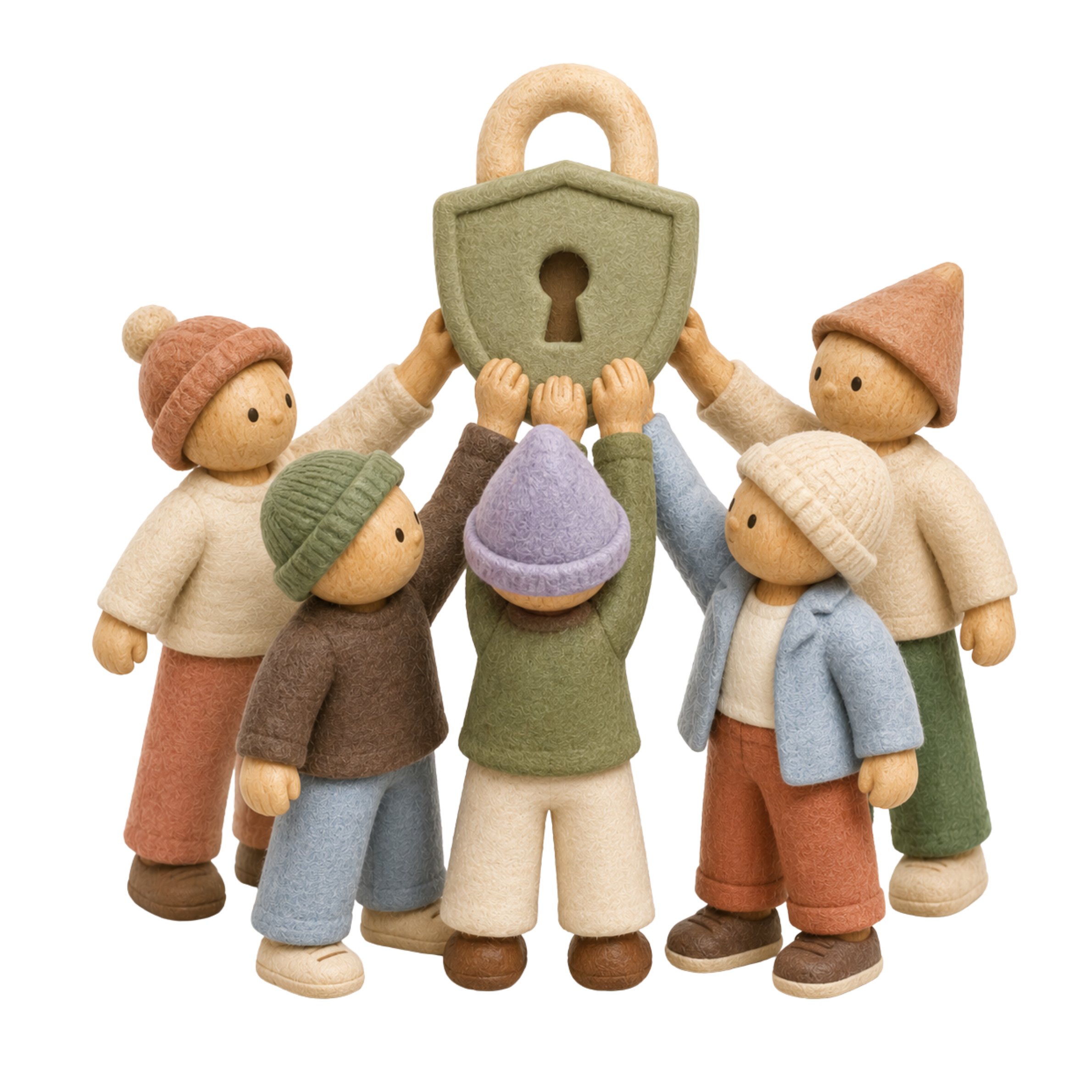 Five felt dolls holding up a padlock shield