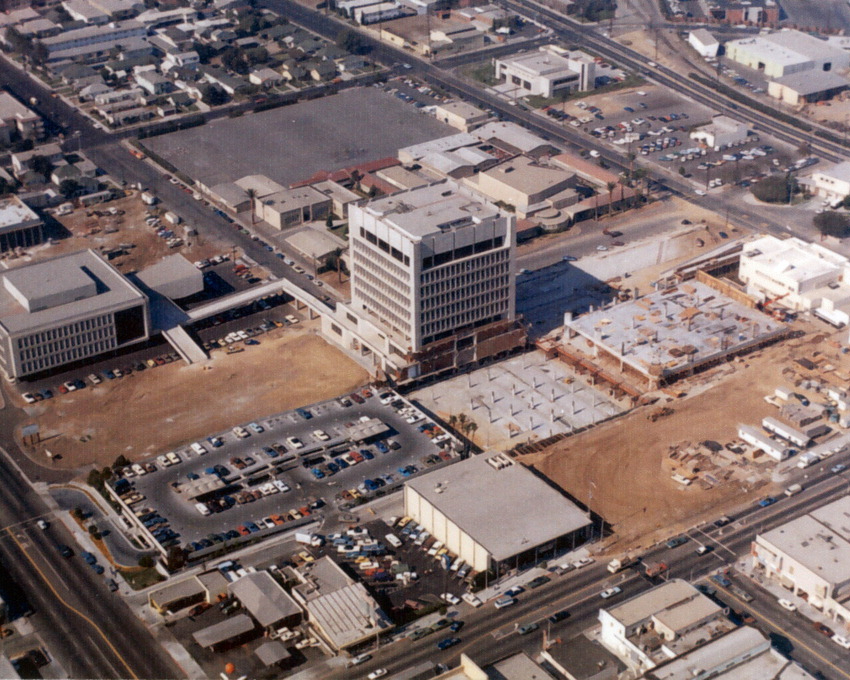 Inglewood's twenty-nine-acre Civic Center contains its City Hall, main library, a fire station, a police facility, a parking garage, and a public health complex in a square 