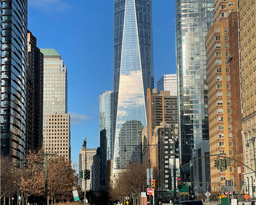 The Freedom Tower tapers into eight tall isosceles triangles, forming a perfect octagon at its center