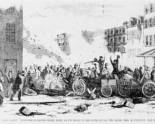 View of fight between two gangs, the "Dead Rabbits" and the "Bowery Boys" in the Sixth Ward, July 18 1857