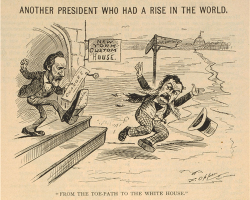  A cartoon depicting President Rutherford B. Hayes kicking Arthur out of the New York Custom House