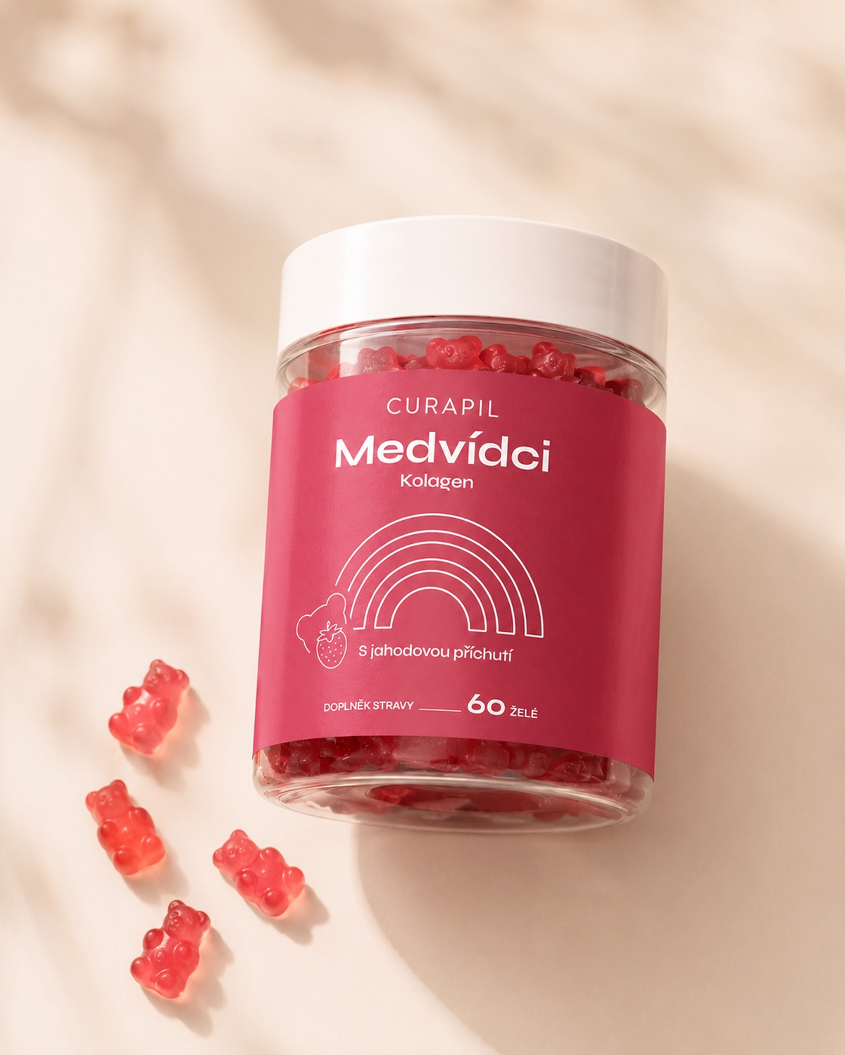 Medvídci Kolagen Curapil — dóza s jahodovými želé