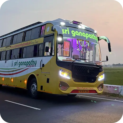 Luxury bus driving at sunset
