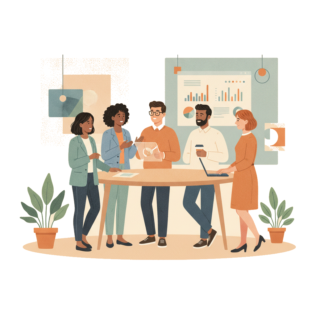 A diverse group of professionals collaborating in a modern, bright office space