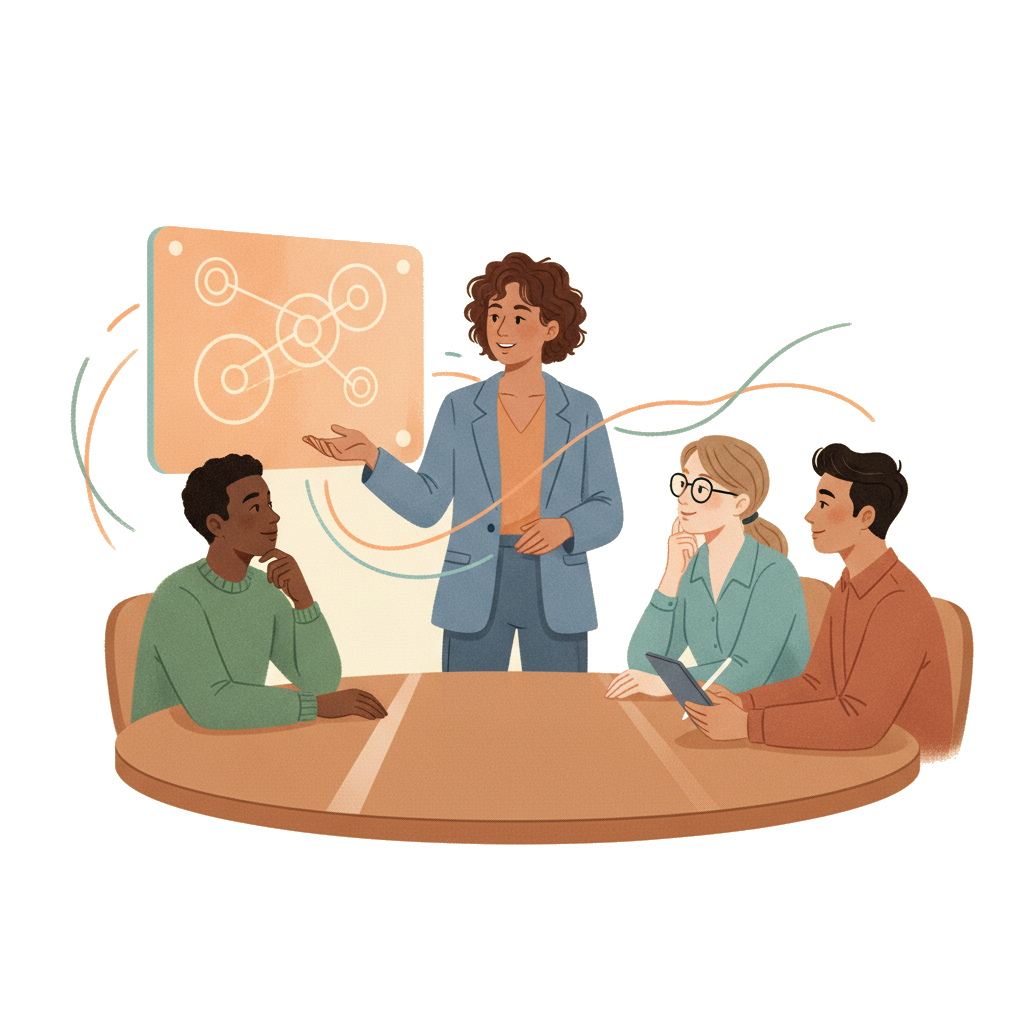 A person confidently presenting ideas in a team meeting, with diverse colleagues actively listening