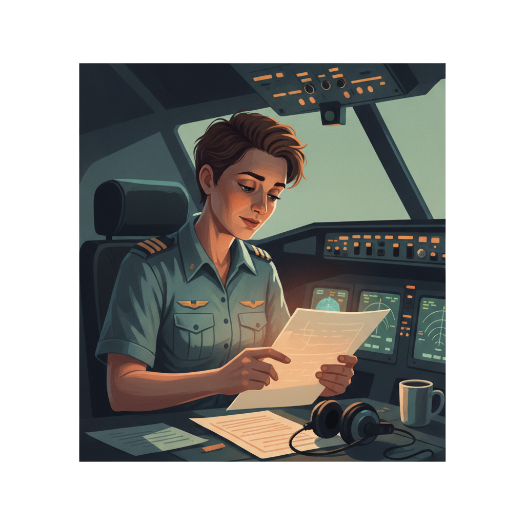 A pilot looking tired while checking a flight plan in a dimly lit cockpit