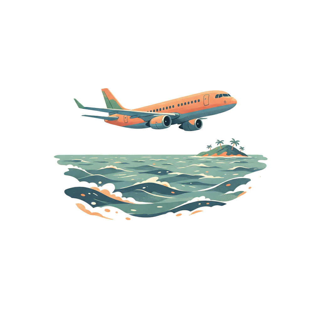 A commercial airplane flying over a vast ocean with a distant island visible