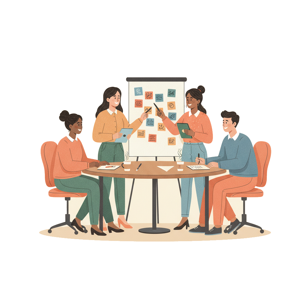 A diverse group of professionals collaborating around a table, brainstorming ideas with sticky notes