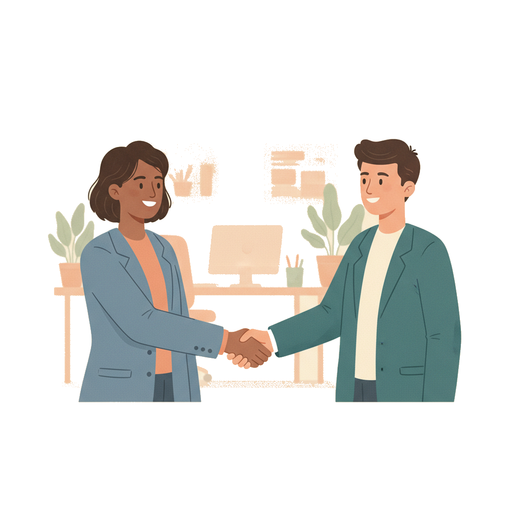 A person confidently shaking hands with a recruiter after a successful job interview, with a blurred