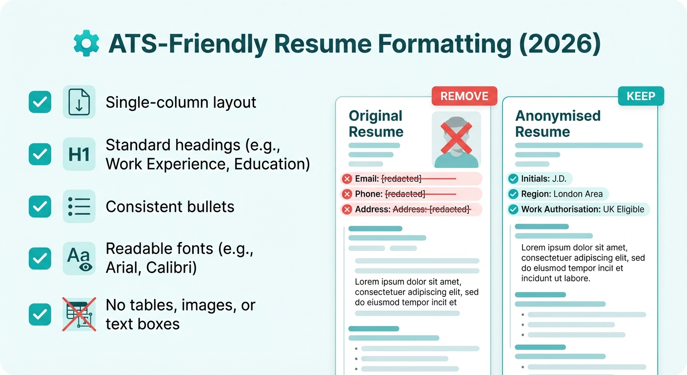 ATS-friendly resume formatting checklist for 2026 showing single-column structure, clear headings, and consistent formatting