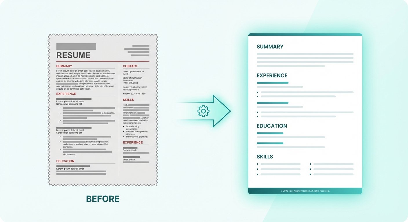 Recruitment resume template structure showing branded formatting and consistent sections for client submission
