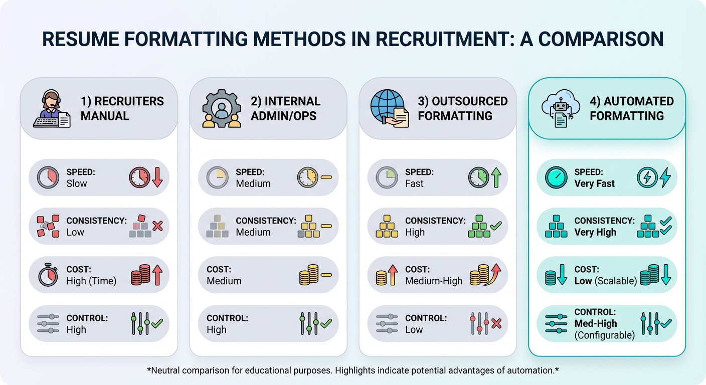 Resume formatting methods comparison for recruitment firms including manual recruiter formatting, admin team, outsourcing, and automation