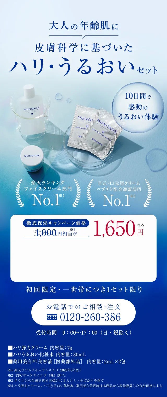 大人の年齢肌に 皮膚科学に基づいたハリ・うるおいセット 4,000円相当が1,650円税込