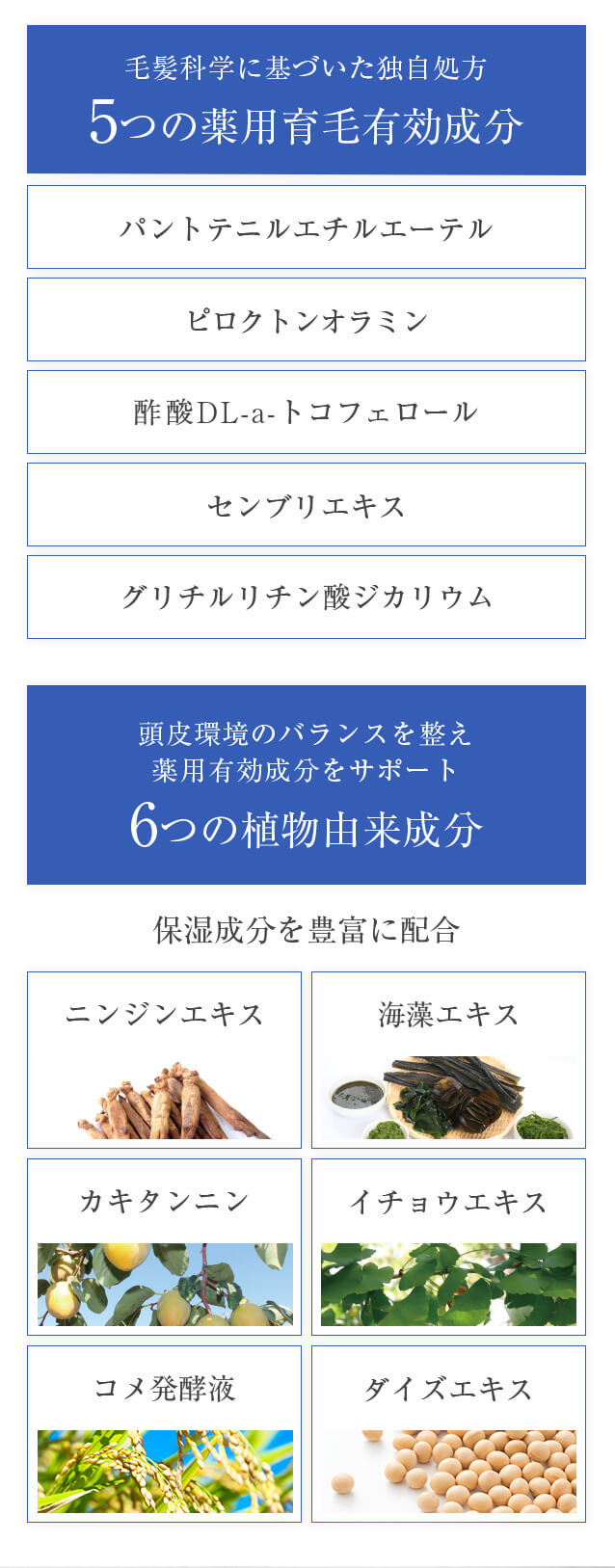 毛髪科学に基づいた独自処方5つの薬用育毛成分 頭皮環境のバランスを整え薬用有効成分をサポート6つの植物由来成分