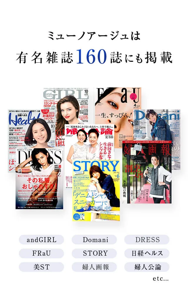 ミューノアージュは 有名雑誌160誌にも掲載