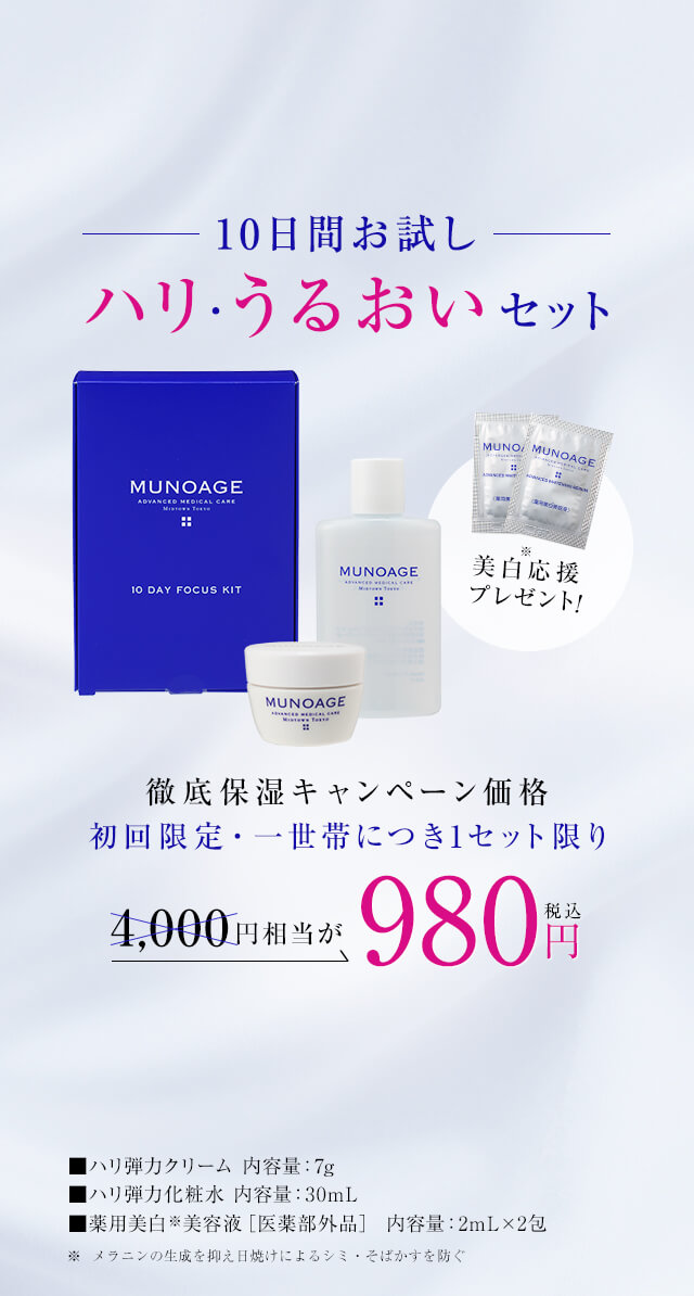 10日間お試しハリ・うるおいセット 徹底保湿キャンペーン価格 初回限定・一世帯につき1セット限り 4,000円相当が980円（税込）