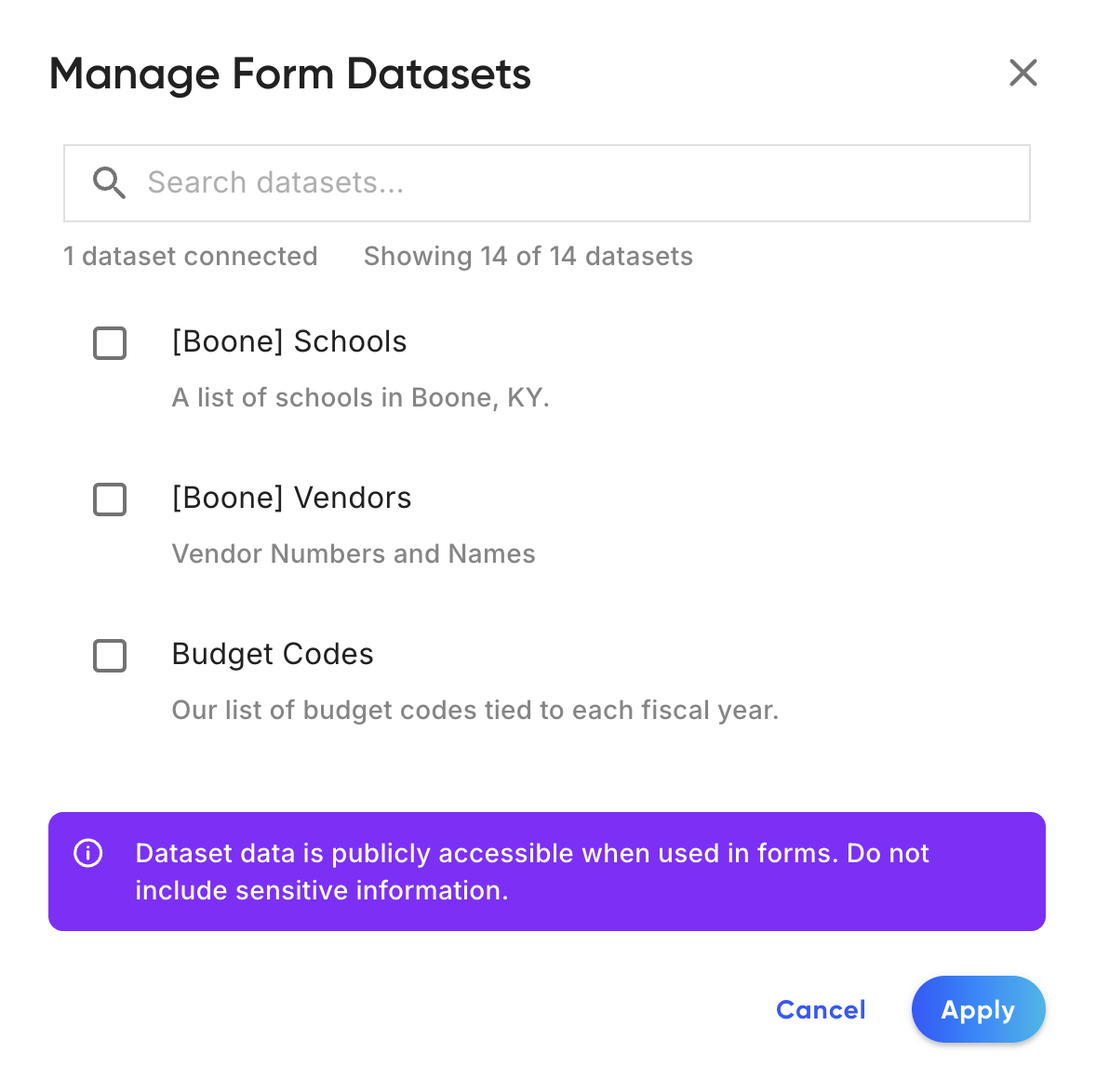 The Manage Datasets dialog showing available datasets to connect to a form