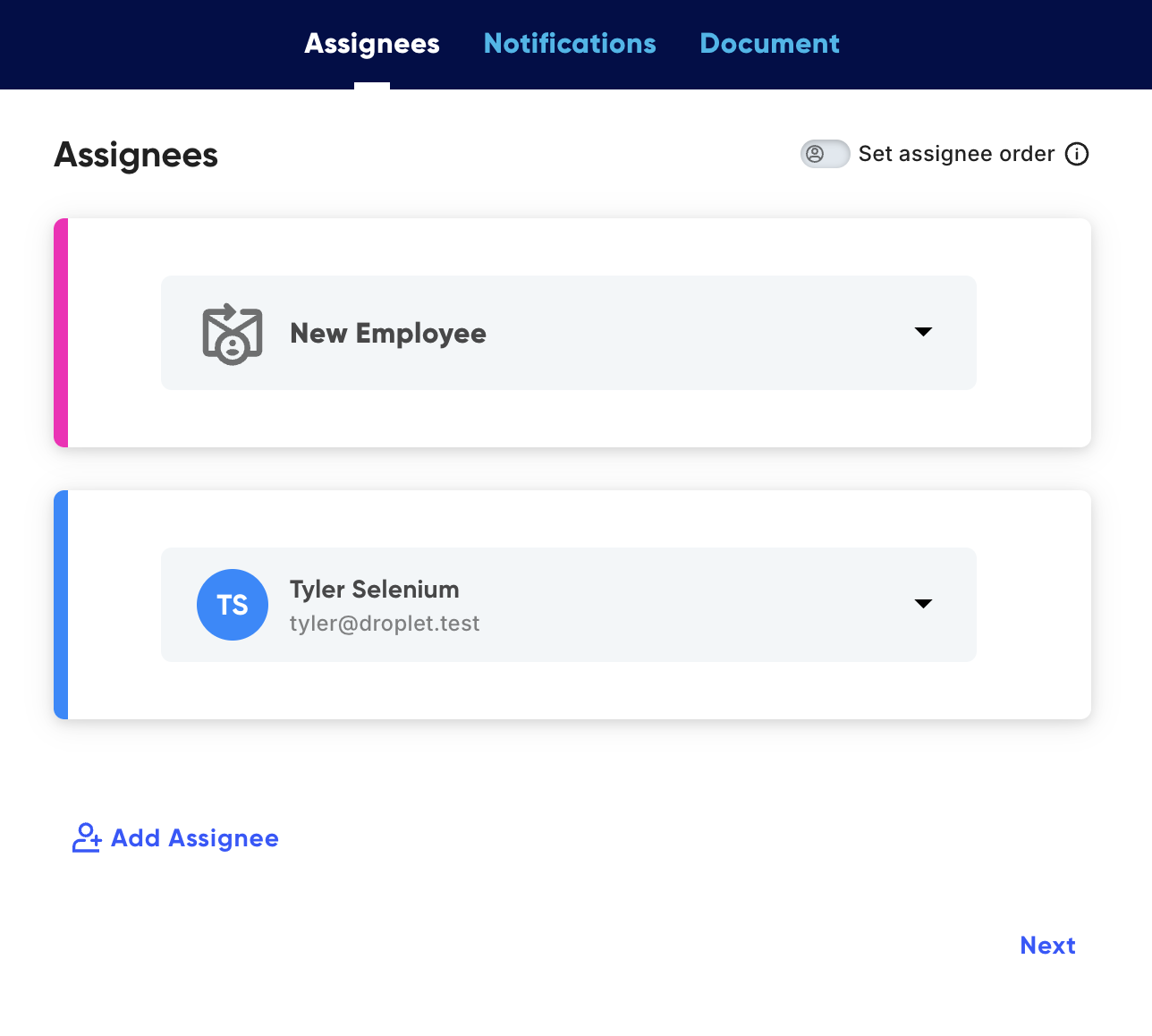 The Send screen with a name and email field for each assignee