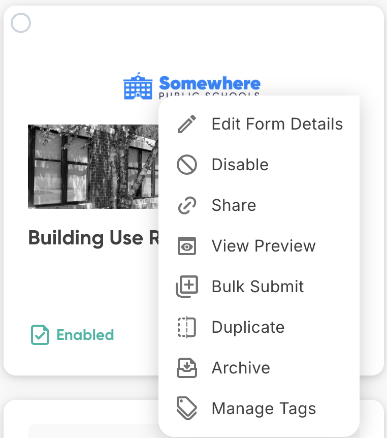 The three-dot menu on a form card showing options like Edit Form Details, Disable, Copy Link, and Archive