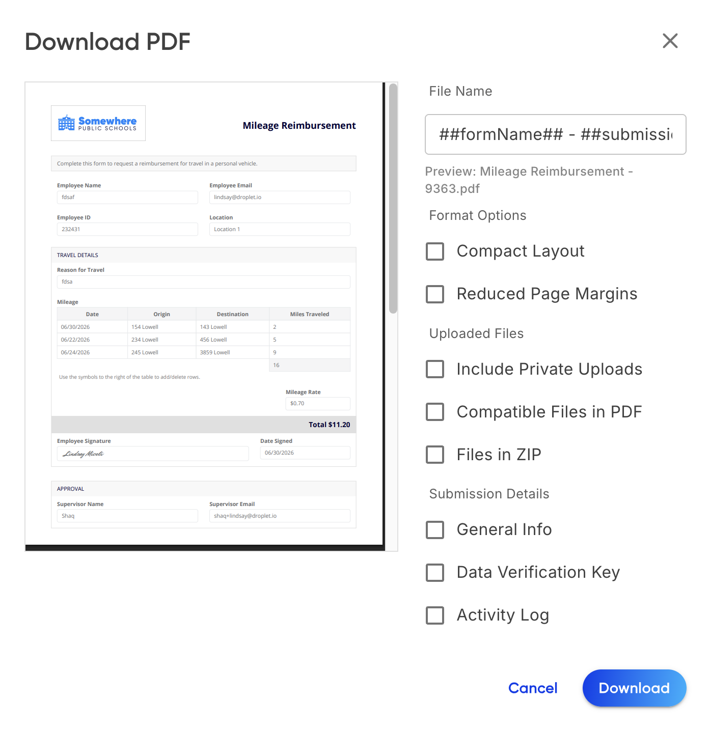 The download dialog showing format, uploaded files, and submission details options