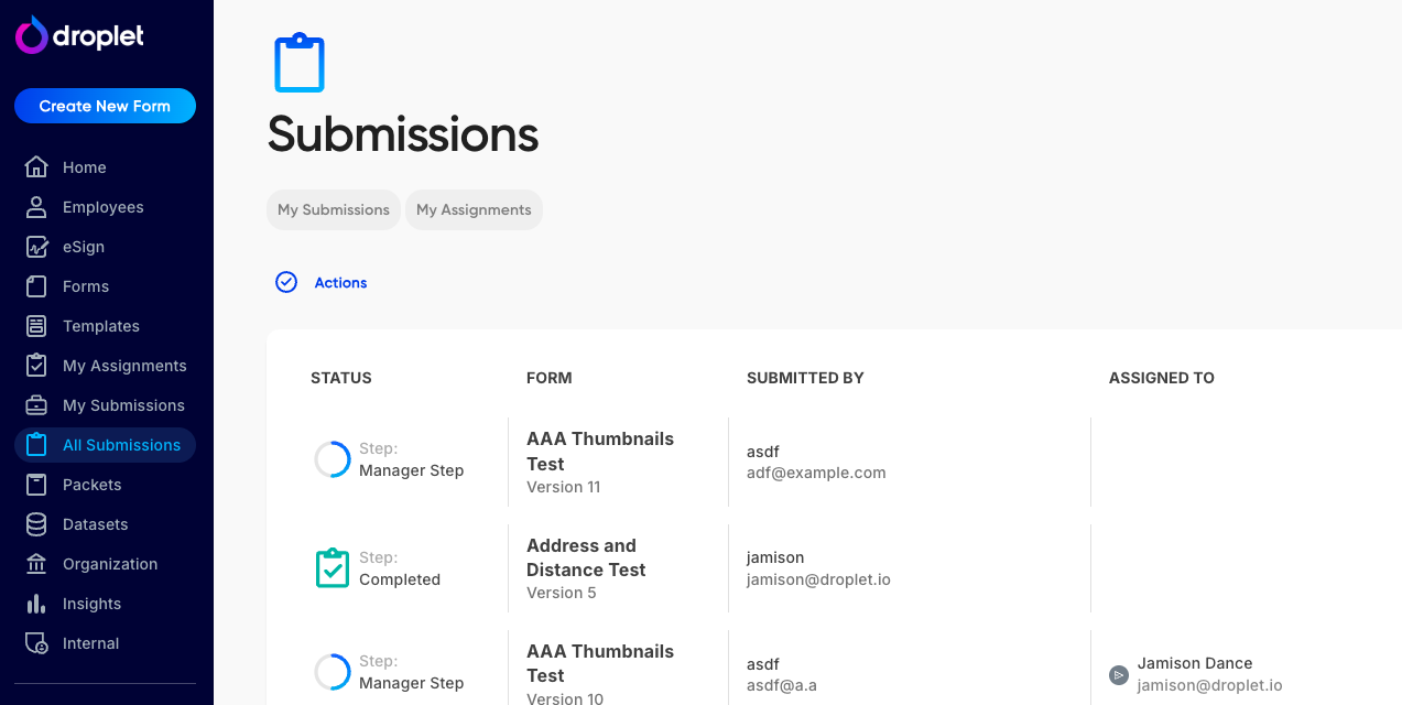 A Packet card on the All Submissions page showing color-coded progress indicators for each form