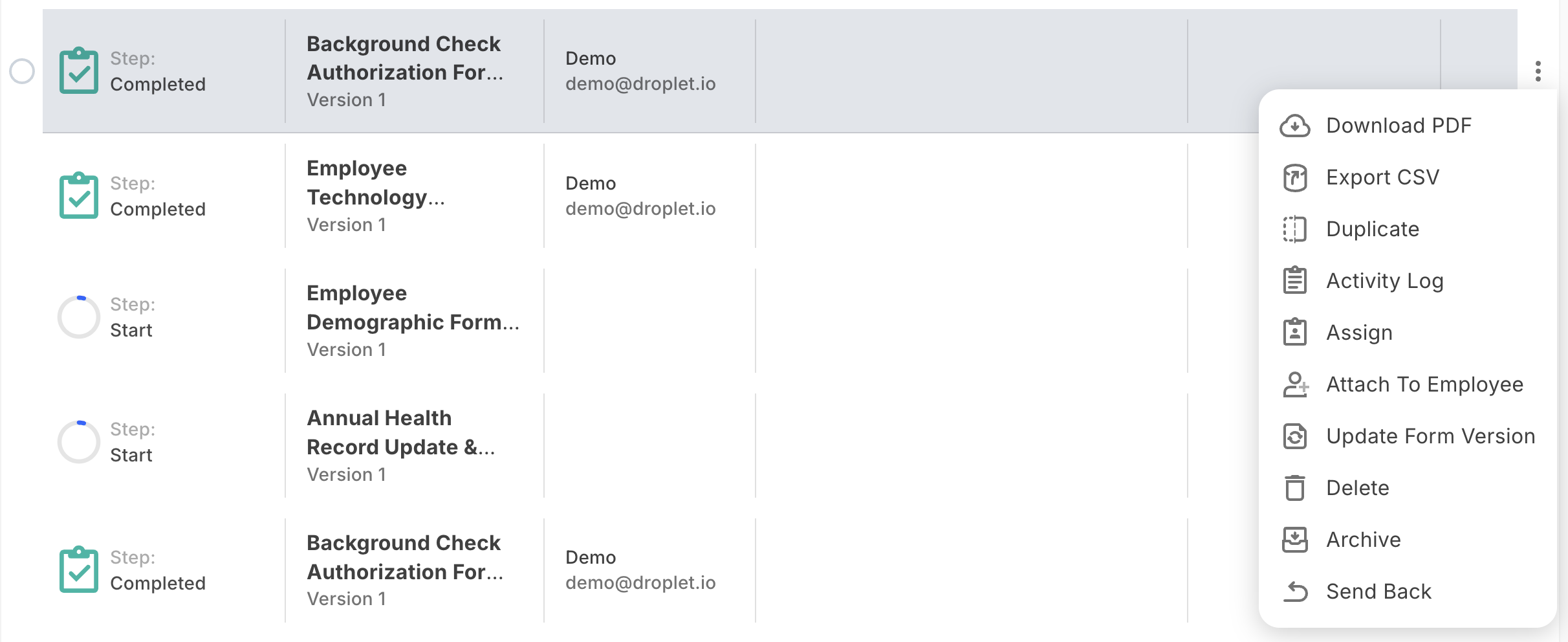 The Send Back dialog with a step picker, reason field, and reset-data option
