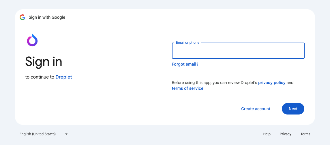 The Droplet login screen showing SSO and password options