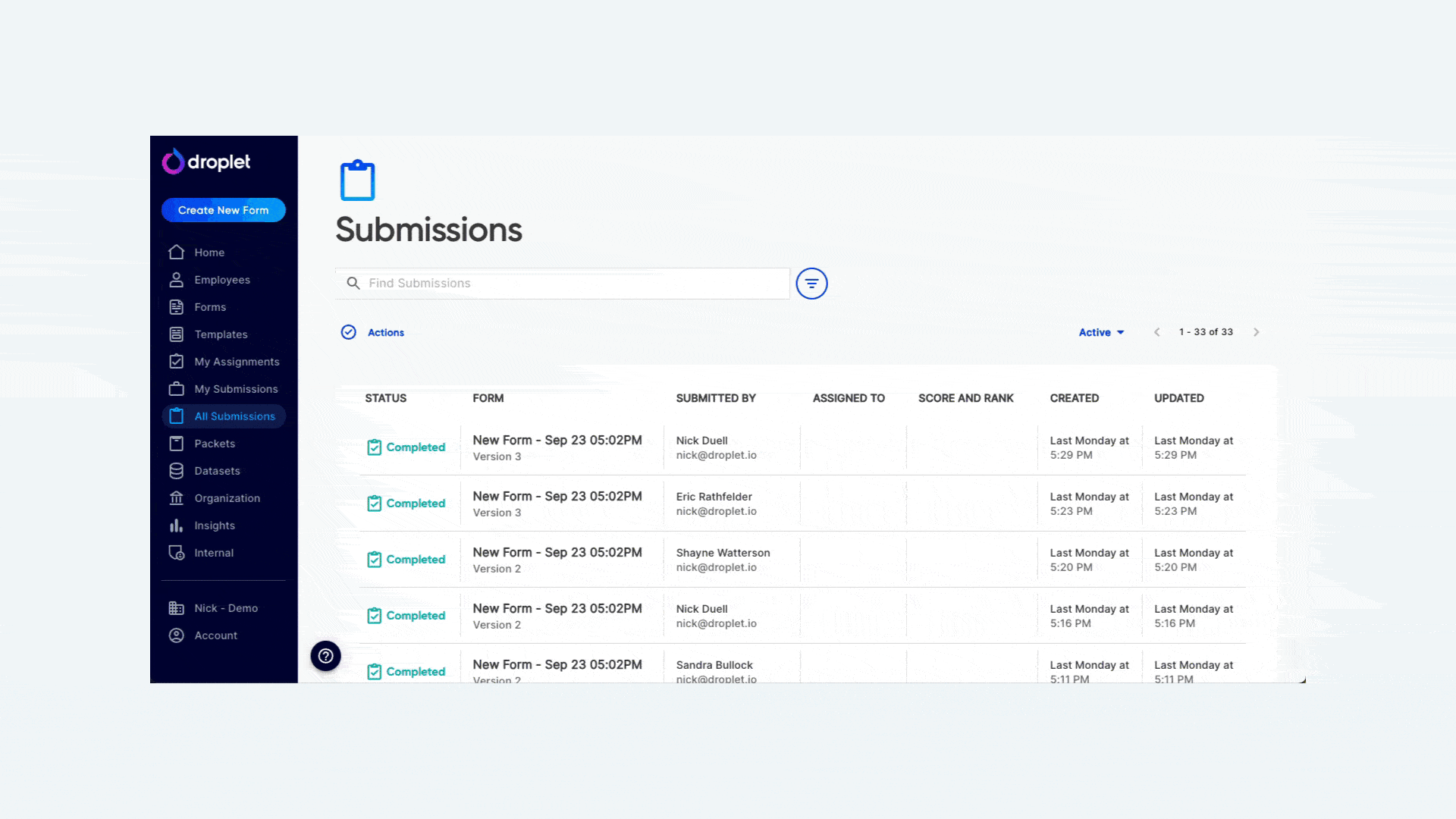 Animated walkthrough showing how to select submissions and choose Download from the Actions menu