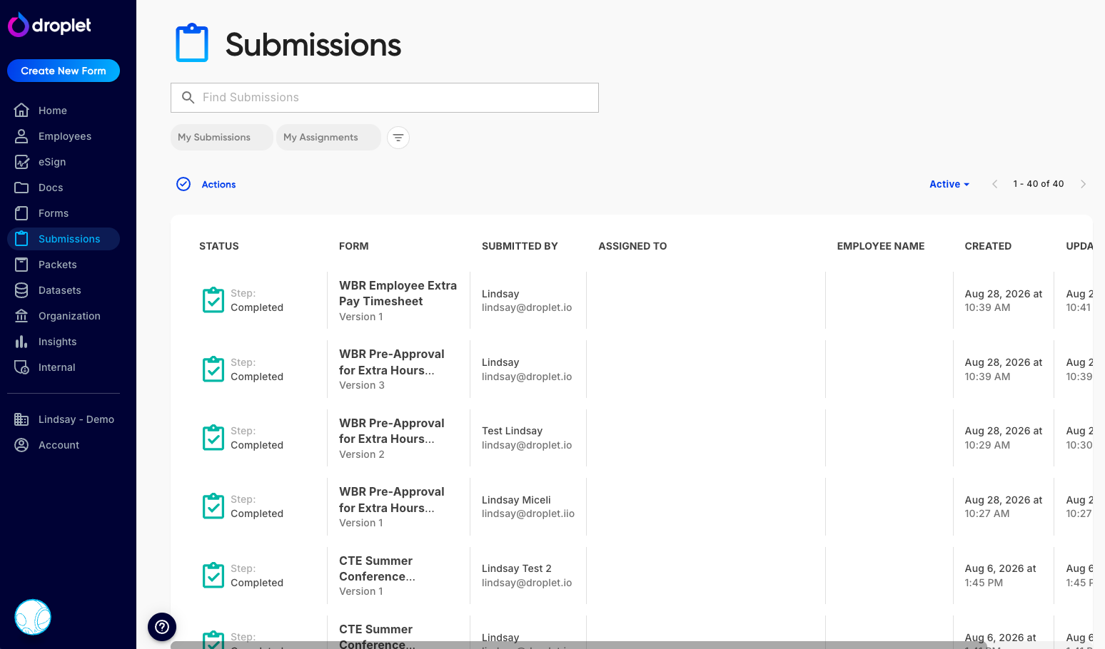 The All Submissions page showing a table of submissions with status, form name, and date columns