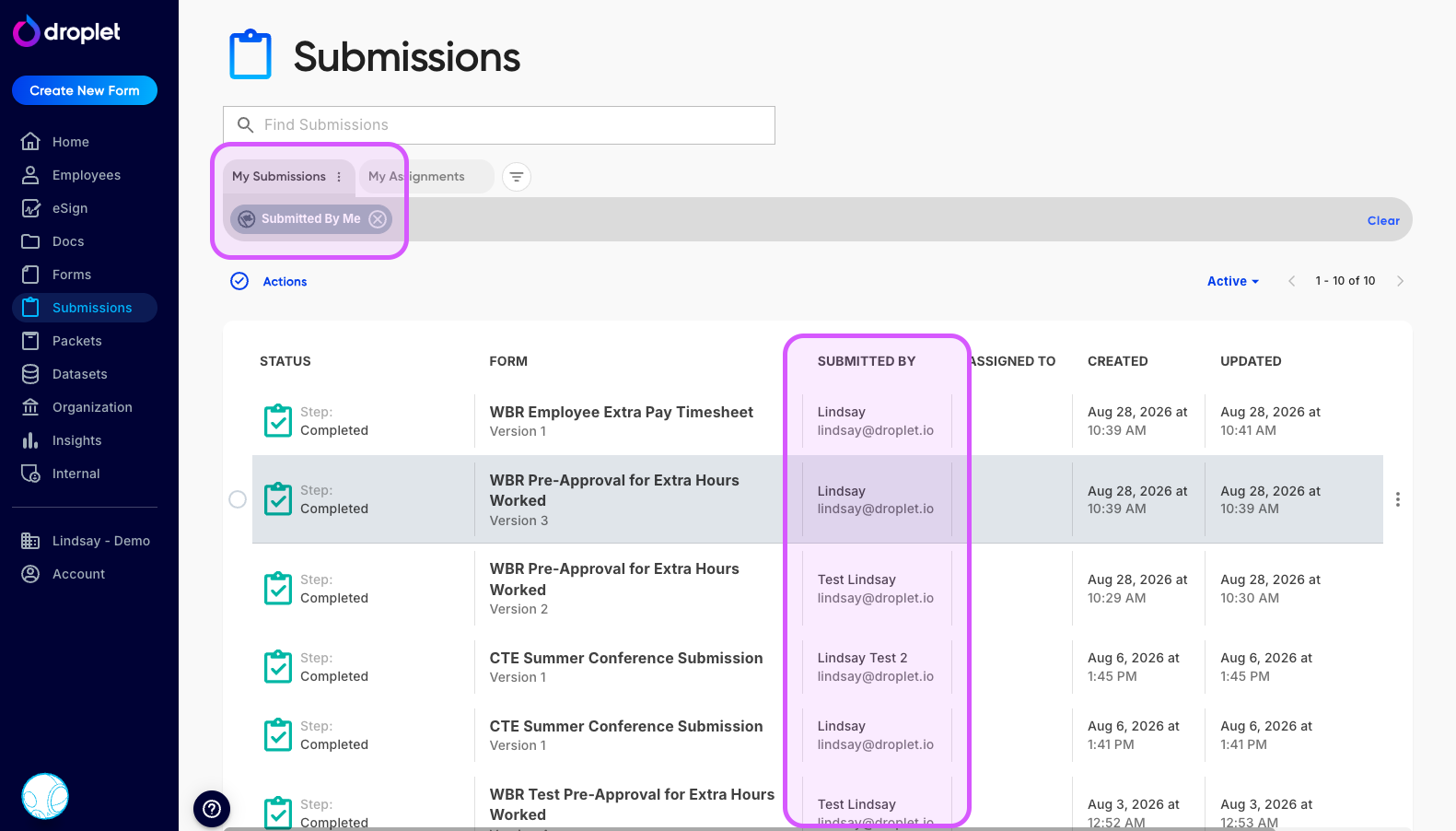 The My Submissions page showing submissions the current user has started