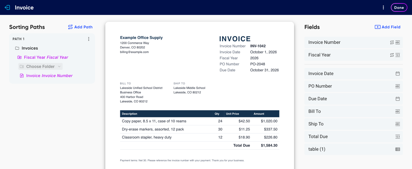 The doctype builder with Sorting Paths on the left, the sample invoice in the middle and suggested fields on the right
