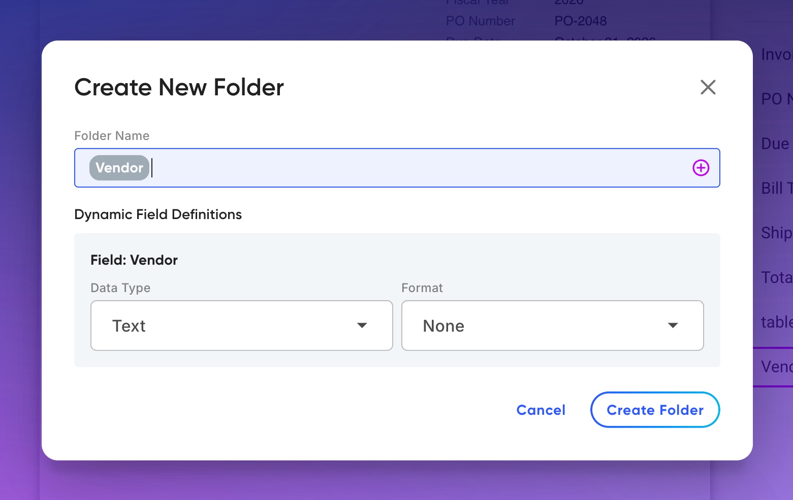The Create New Folder window with a Vendor field chip in Folder Name and its Data Type and Format settings below