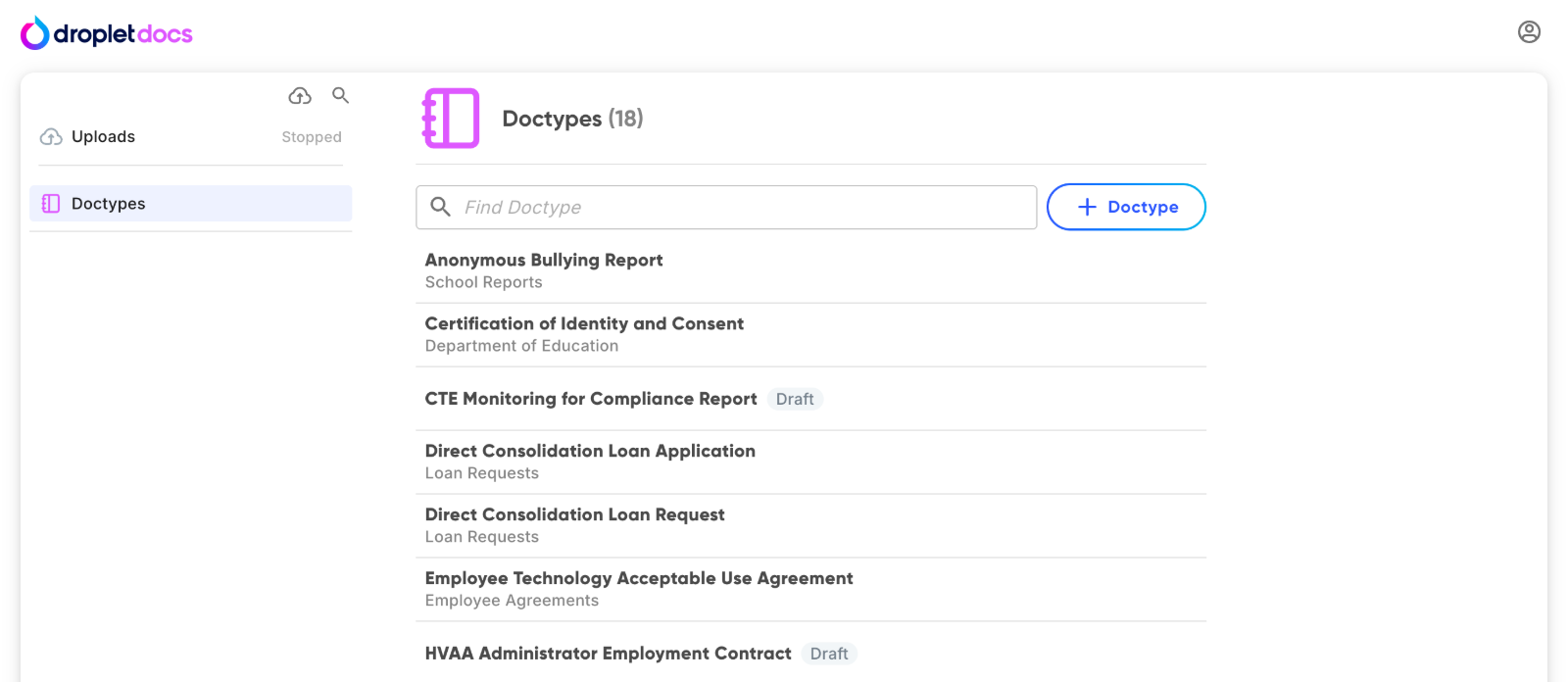 The Docs area with the left panel and the Doctypes page listing doctypes such as Library Gift Form and Loan Repayment Plan Request