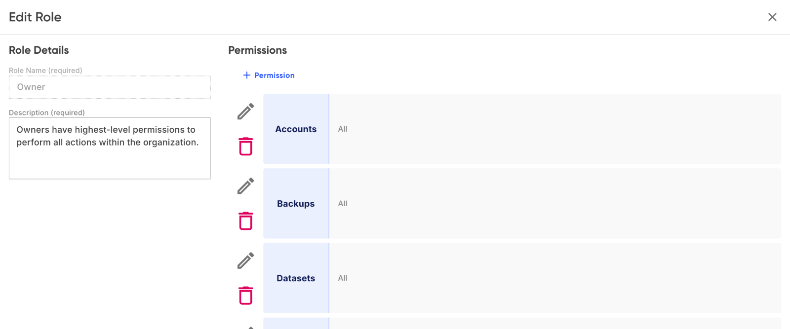 The Edit Role page with Role Details on the left and permissions including Document Types and Documents on the right