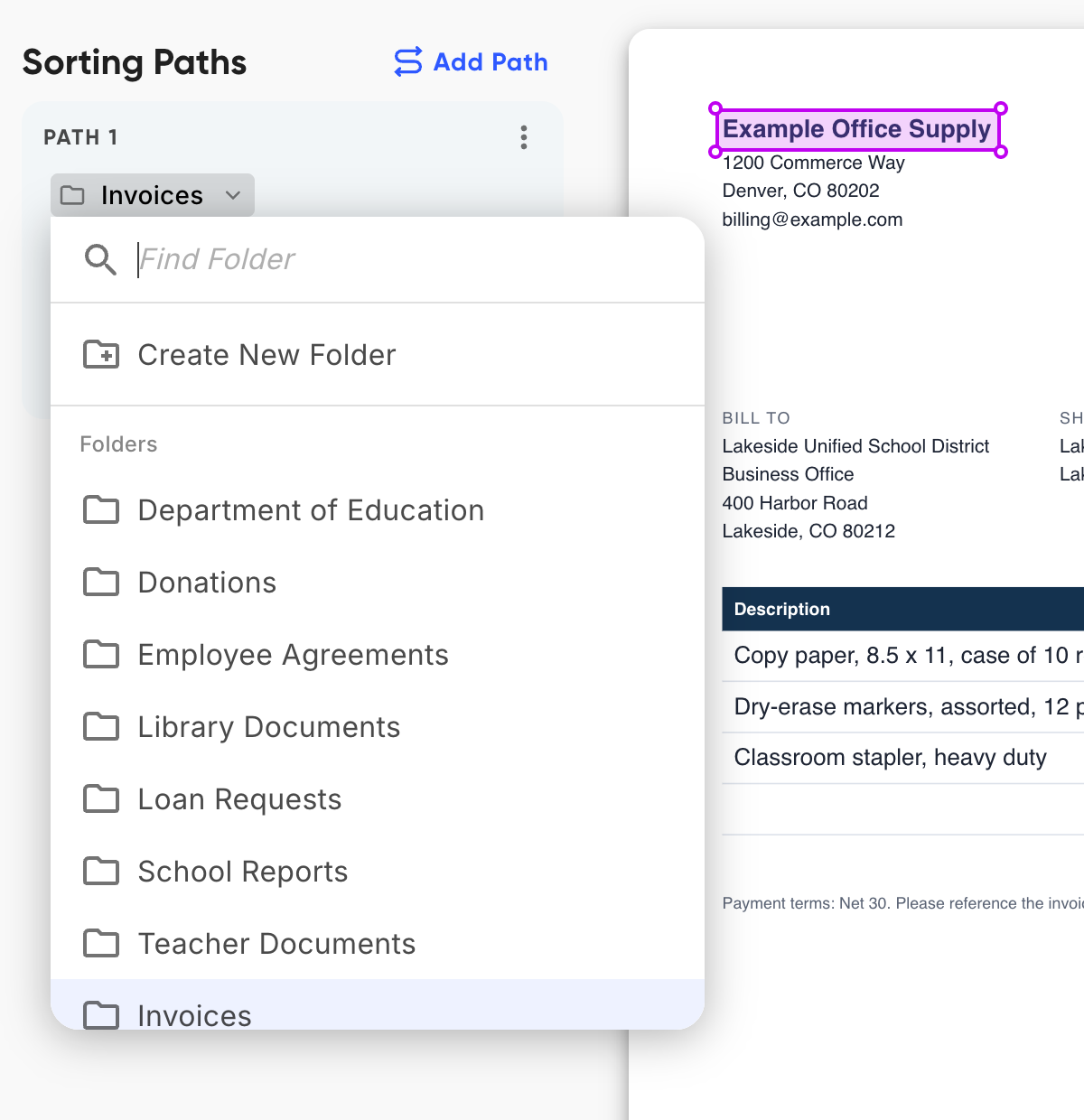 The folder menu open on a path, with Find Folder, Create New Folder and a list of existing folders