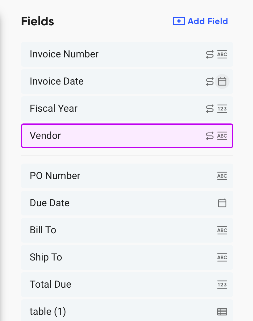 The field list with Invoice Number, Invoice Date, Fiscal Year and Vendor grouped at the top, each with a path icon