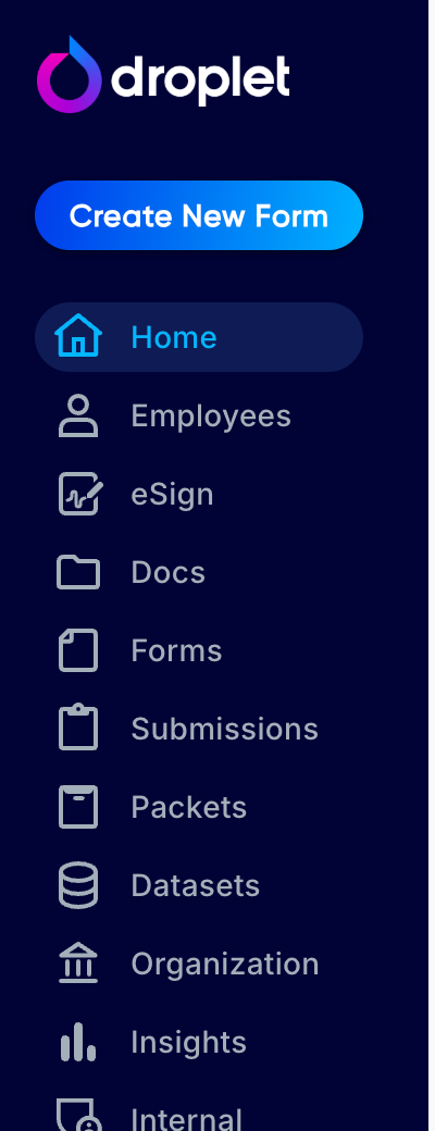 The Droplet left menu with Docs listed between eSign and Forms