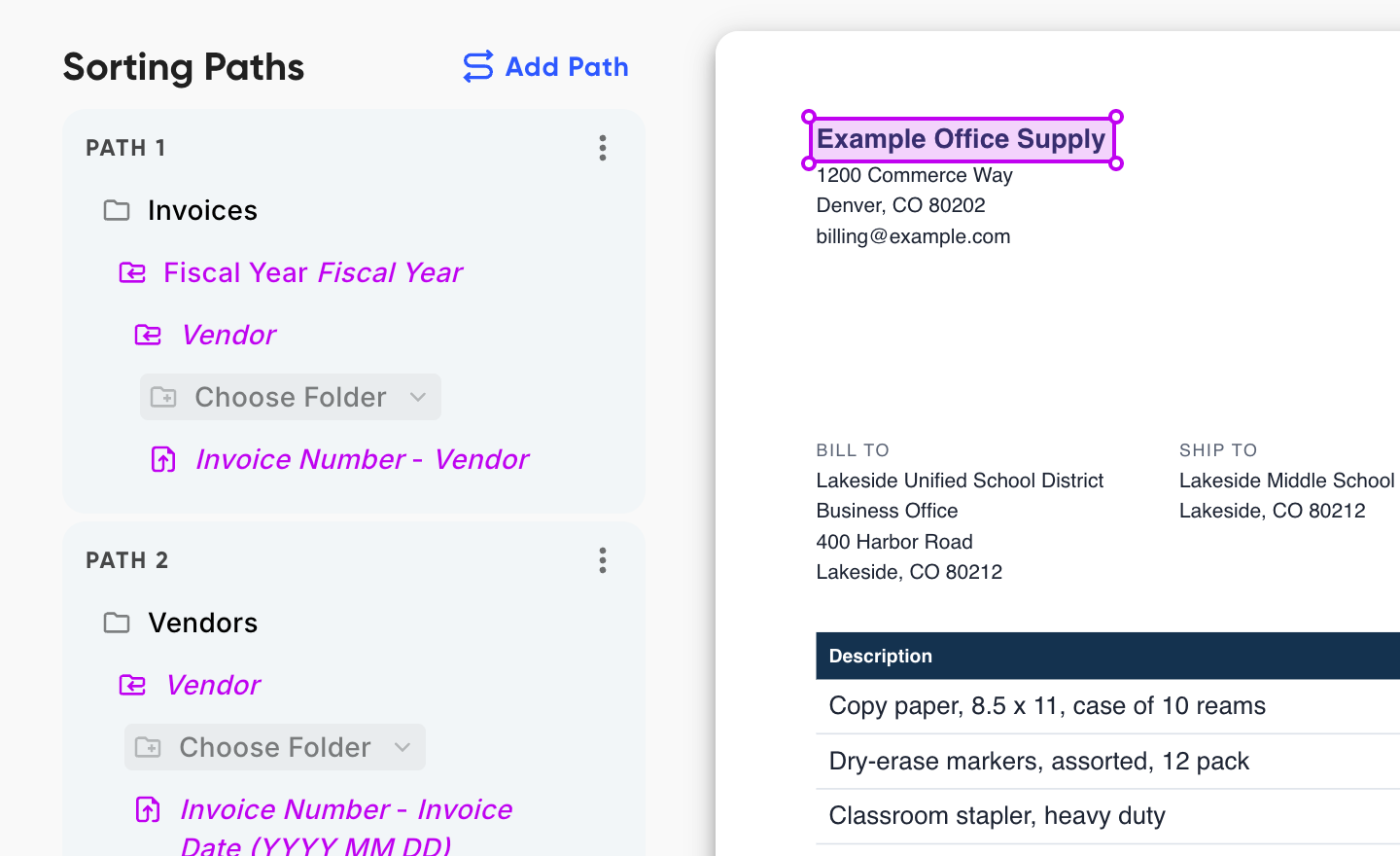 Two sorting paths: Path 1 files by Invoices, Fiscal Year and Vendor; Path 2 files by Vendors and Vendor, with a different document name