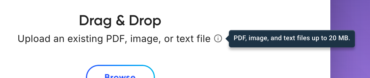 The tooltip next to the upload instructions reading PDF, image, and text files up to 20 MB