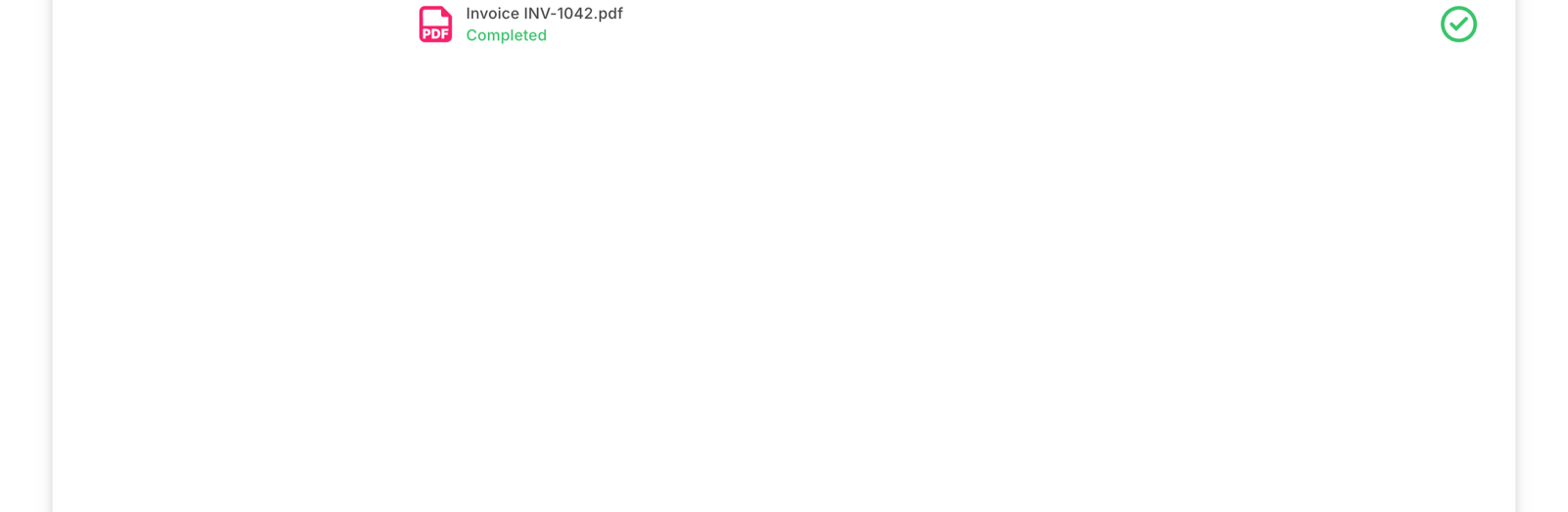 The Uploads list showing Invoice INV-1042.pdf with the status Completed and a green check