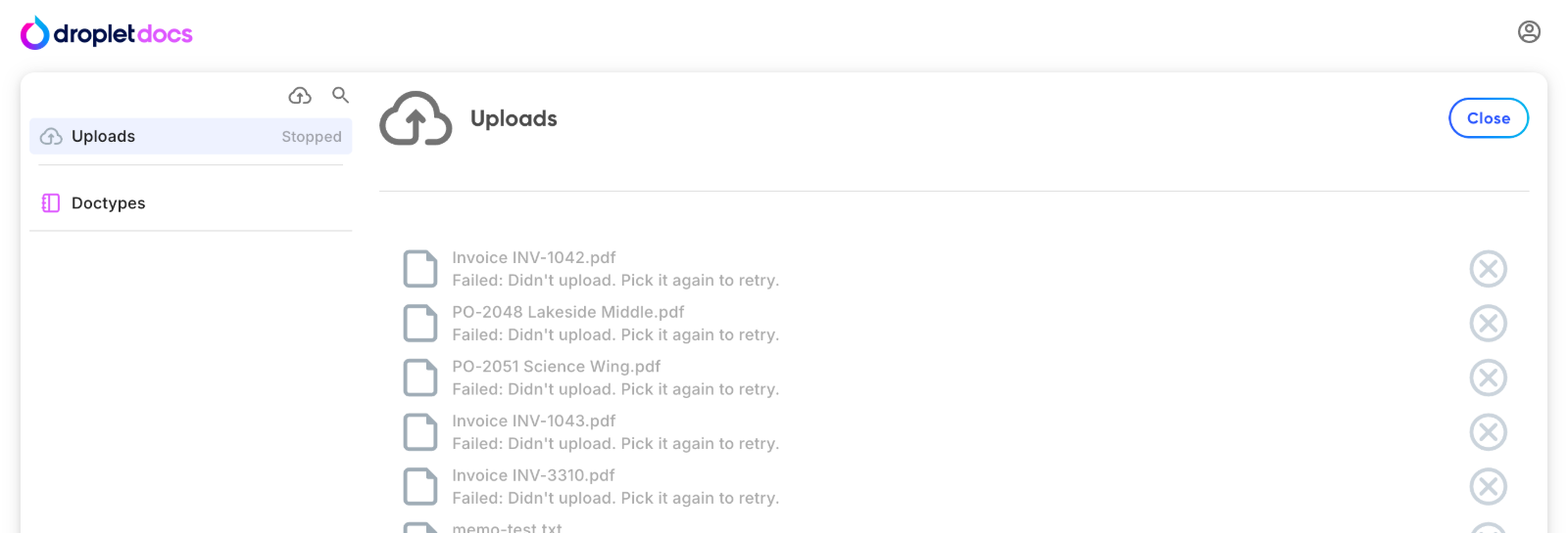 The Uploads list with several files marked Failed: Didn't upload. Pick it again to retry, and the Uploads row in the left panel showing Stopped