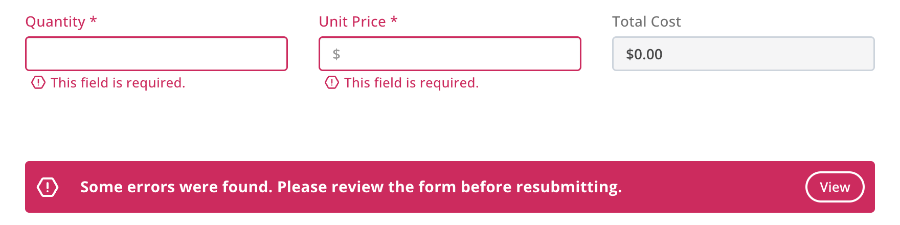 Quantity and Unit Price outlined in red with This field is required, above a red bar reading Some errors were found