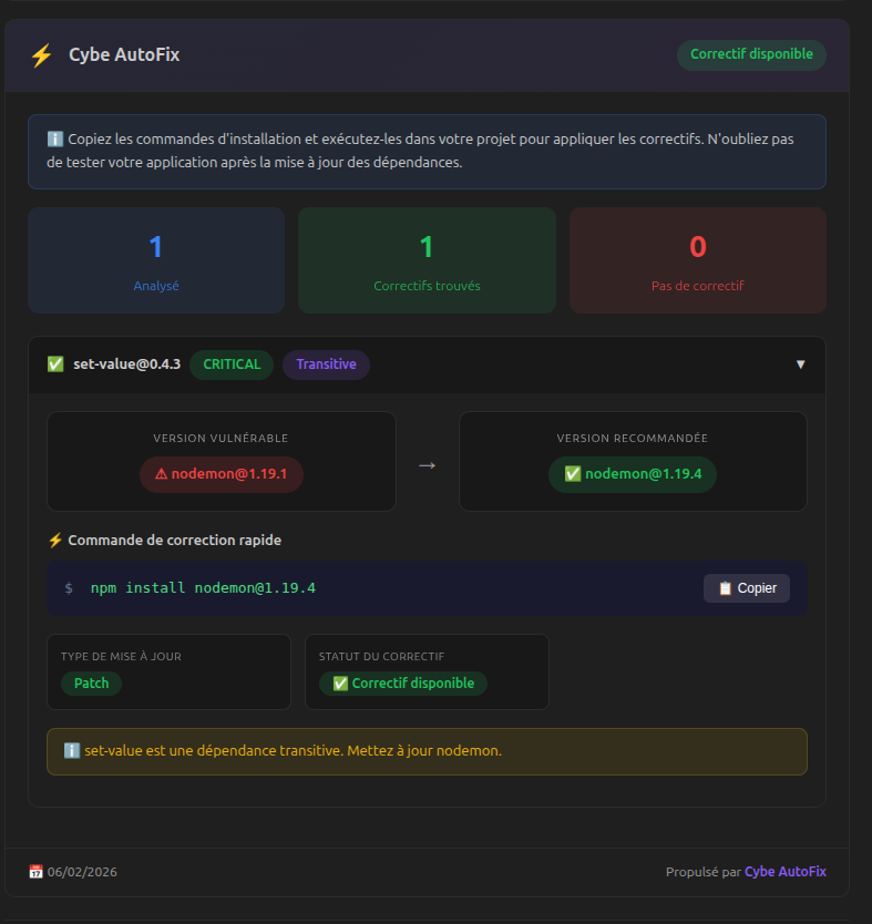 DeepFix showing a safe upgrade path from a vulnerable to a patched dependency version
